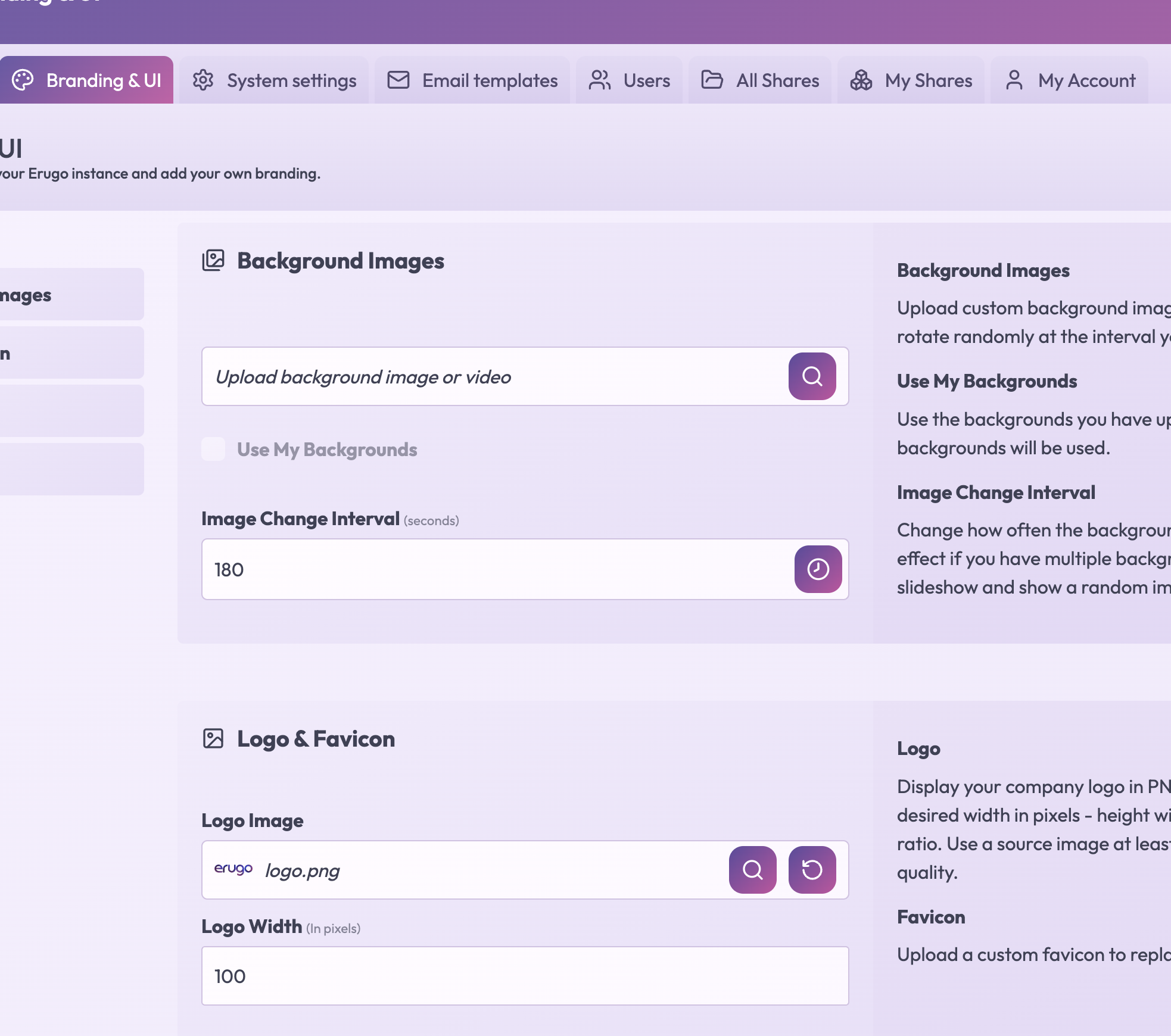 Erugo background settings panel showing image upload and interval configuration options