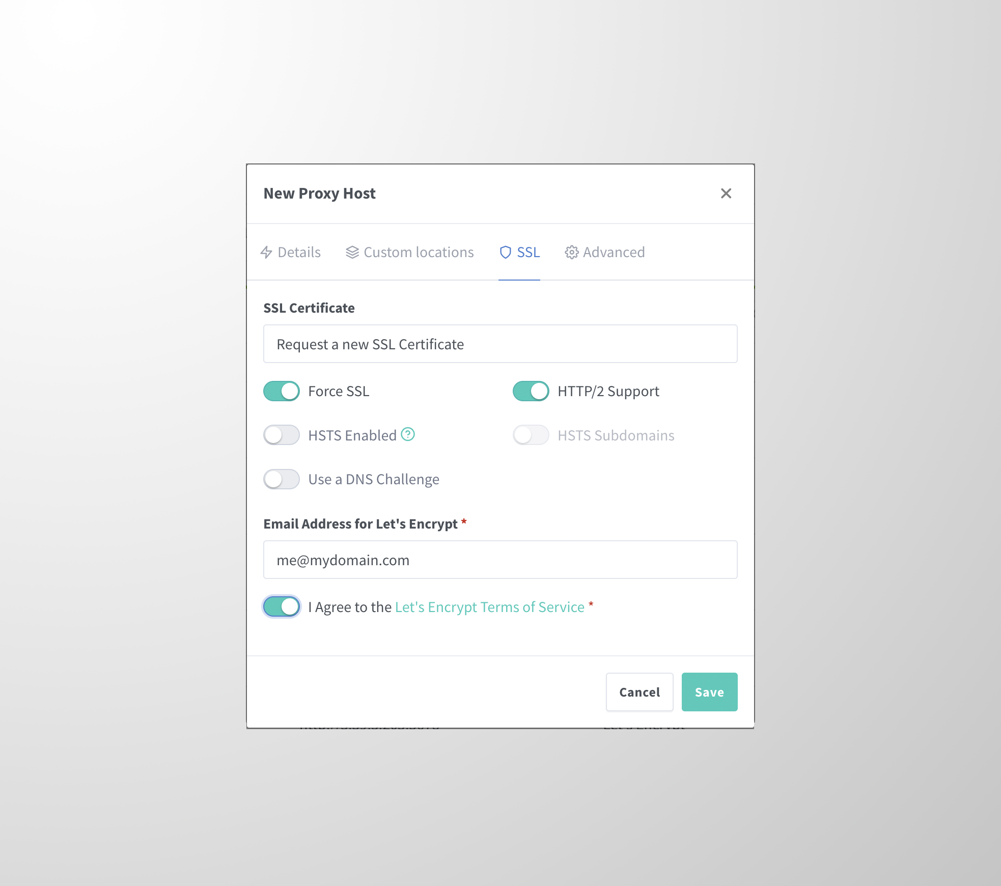 Nginx Proxy Manager SSL configuration dialog showing certificate request options and Let's Encrypt settings