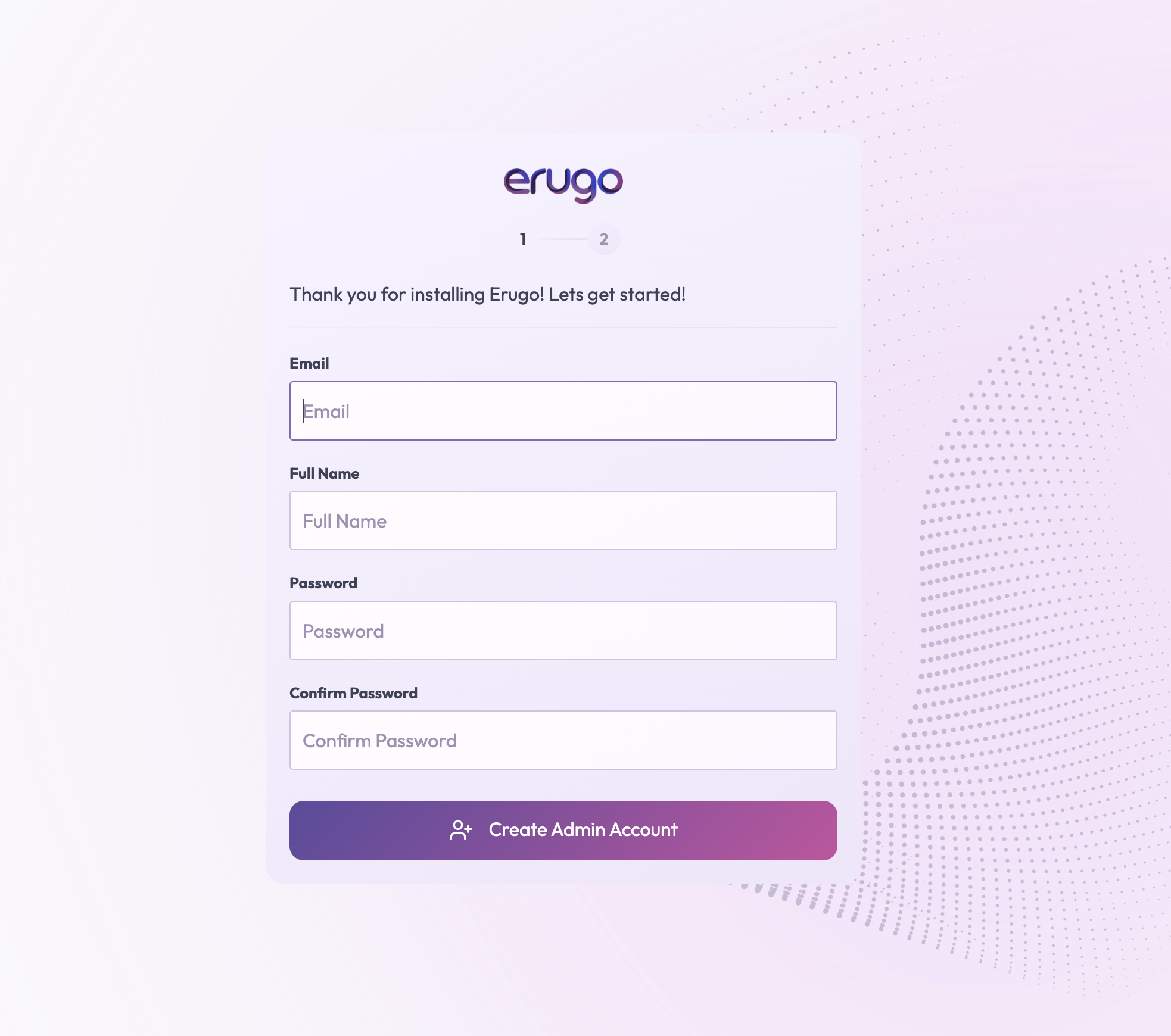 Erugo setup wizard showing the admin account creation form